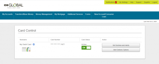 image with a screenshot of online banking and the cards control menu
